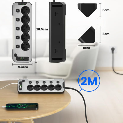 Prelungitor pentru perete/colt, 5 prize cu intrerupator individual, lumina de noapte LED, 4000 W, 2 porturi USB-A 12 W si 2 USB-C 15.5 W, cablu de 2 m, cu fata din metal