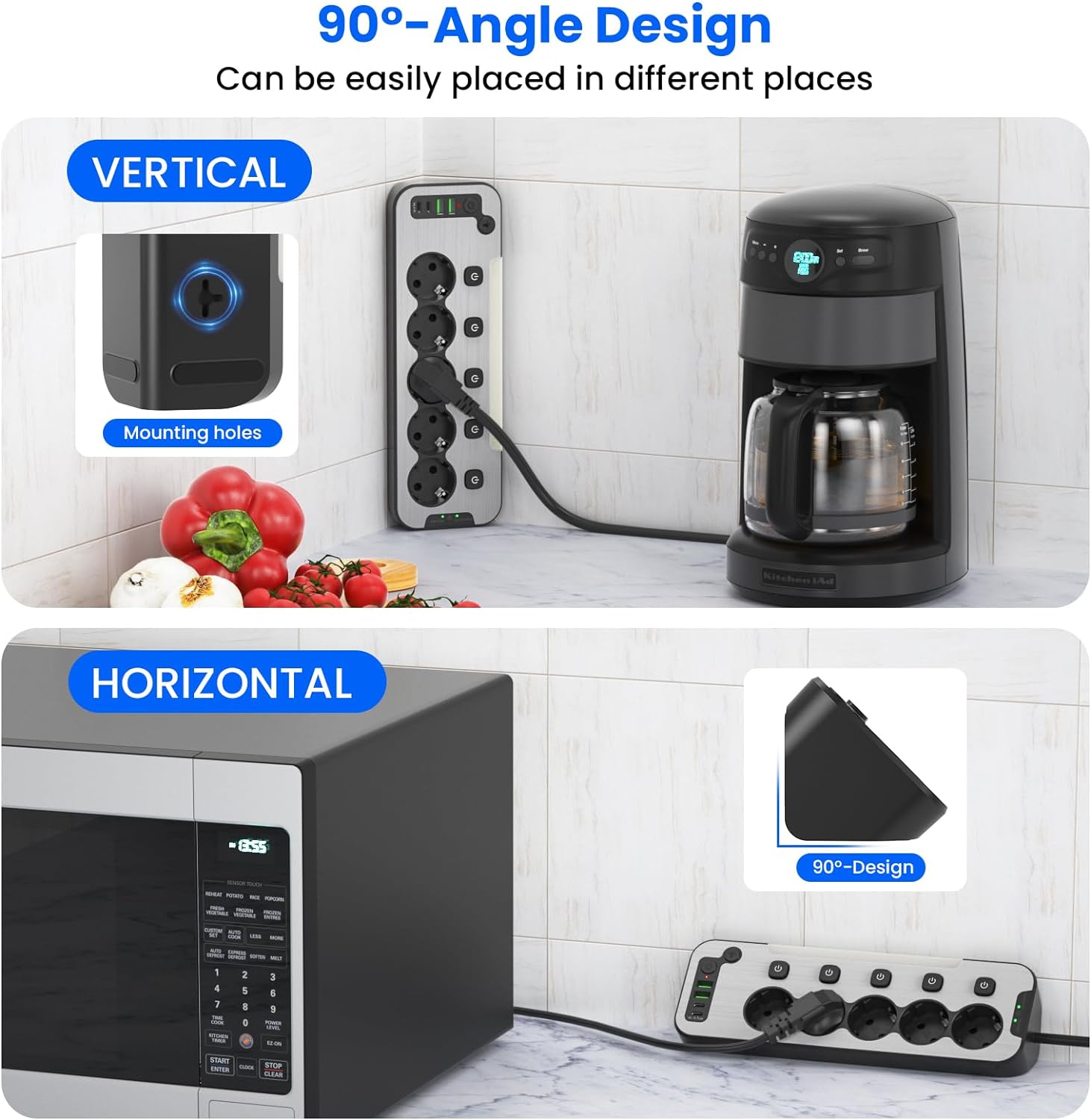 Prelungitor pentru perete/colt, 5 prize cu intrerupator individual, lumina de noapte LED, 4000 W, 2 porturi USB-A 12 W si 2 USB-C 15.5 W, cablu de 2 m, cu fata din metal