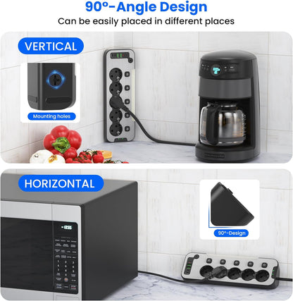 Prelungitor pentru perete/colt, 5 prize cu intrerupator individual, lumina de noapte LED, 4000 W, 2 porturi USB-A 12 W si 2 USB-C 15.5 W, cablu de 2 m, cu fata din metal