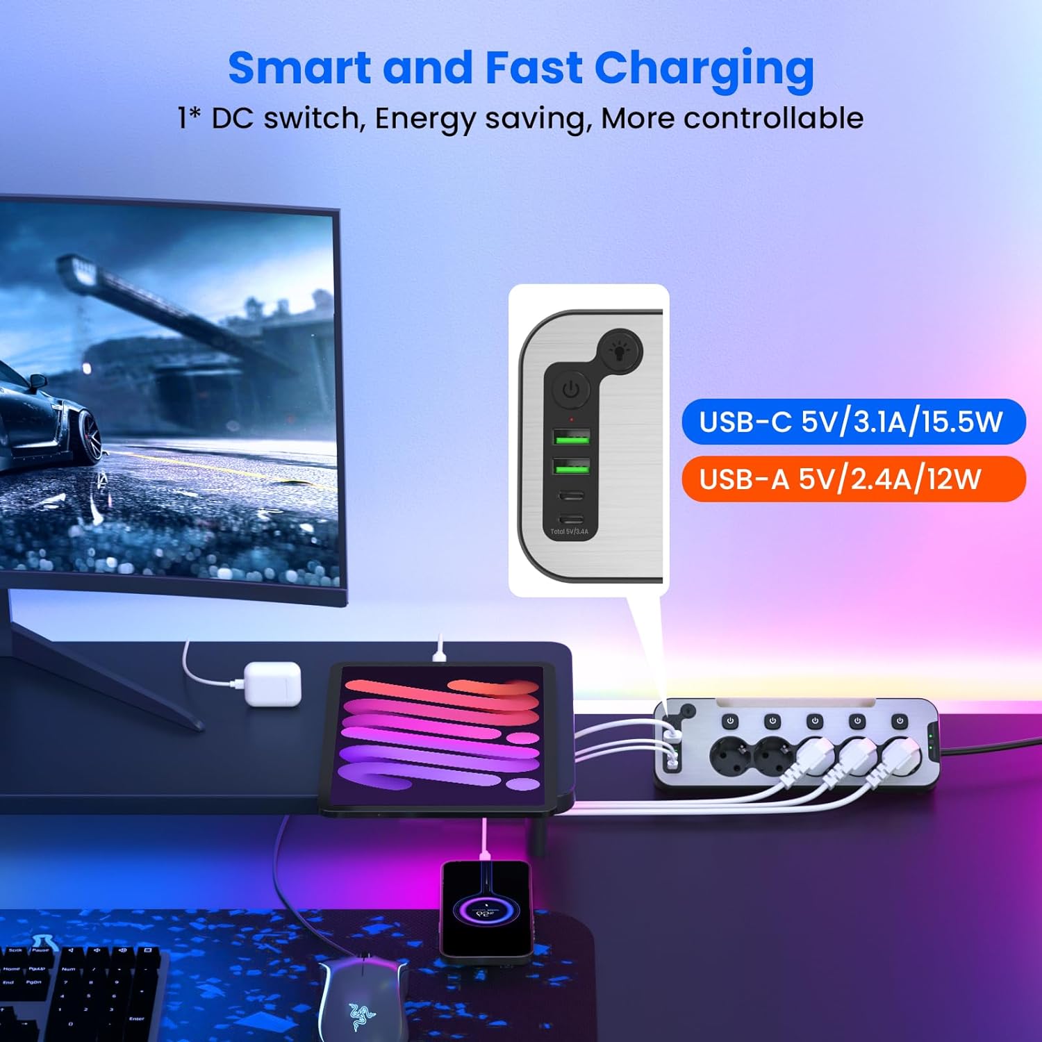 Prelungitor pentru perete/colt, 5 prize cu intrerupator individual, lumina de noapte LED, 4000 W, 2 porturi USB-A 12 W si 2 USB-C 15.5 W, cablu de 2 m, cu fata din metal