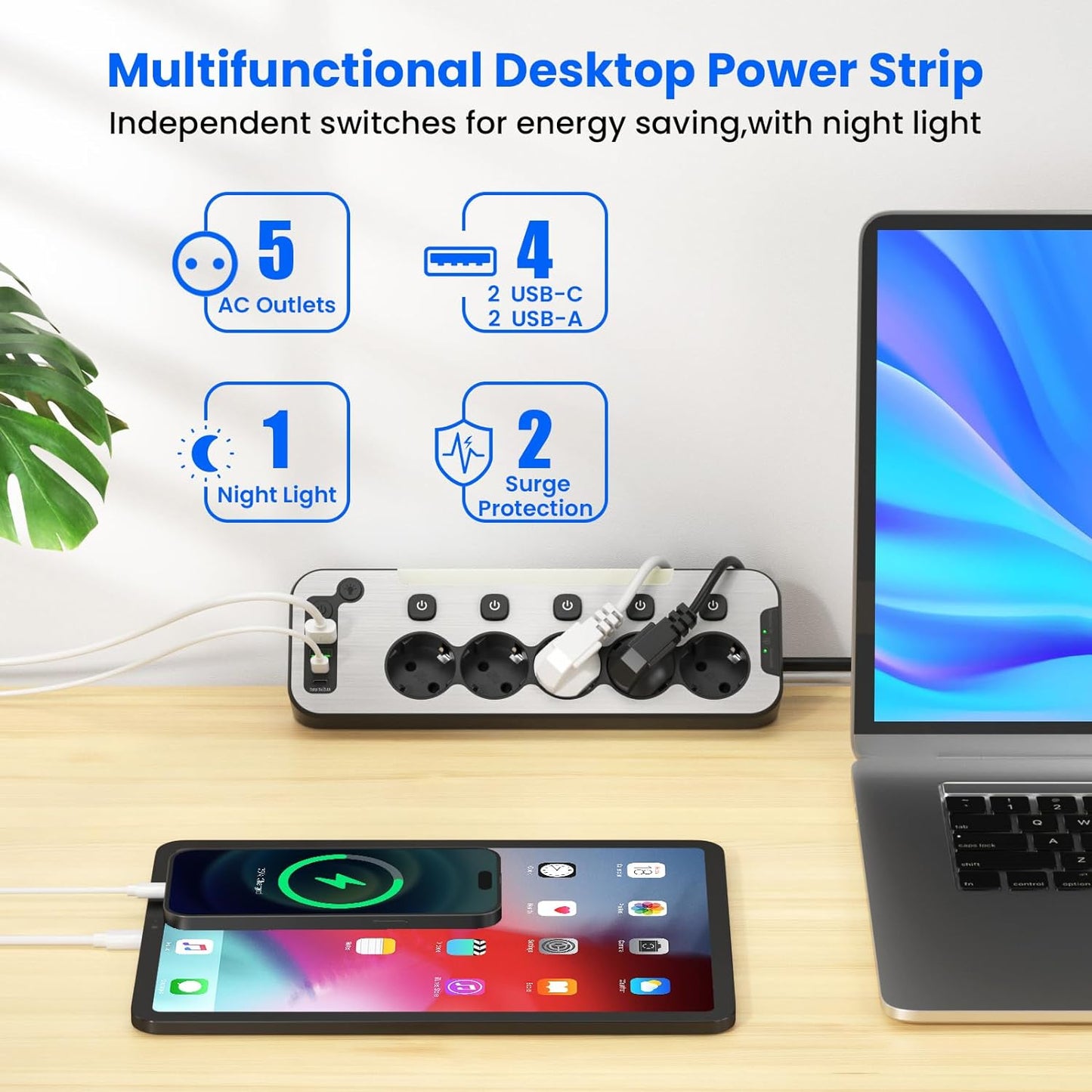 Prelungitor pentru perete/colt, 5 prize cu intrerupator individual, lumina de noapte LED, 4000 W, 2 porturi USB-A 12 W si 2 USB-C 15.5 W, cablu de 2 m, cu fata din metal