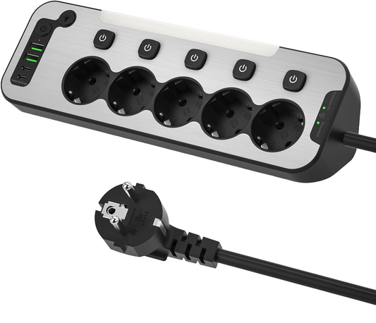 Prelungitor pentru perete/colt, 5 prize cu intrerupator individual, lumina de noapte LED, 4000 W, 2 porturi USB-A 12 W si 2 USB-C 15.5 W, cablu de 2 m, cu fata din metal