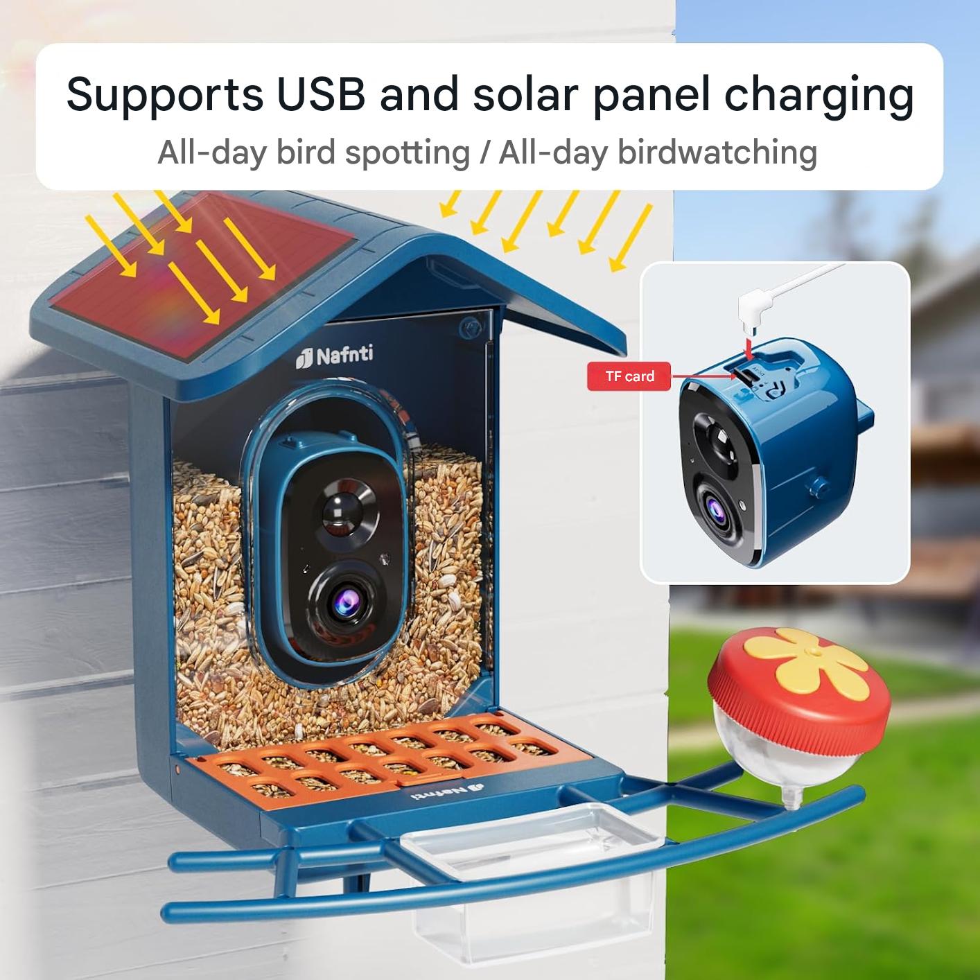 Hranitoare inteligenta pentru pasari cu camera, identificarea pasarilor, 2,4 GHz/5 GHz, alimentata cu energie solara, notificari instantanee, camera cu vizualizare live 2K pentru hranirea pasarilor