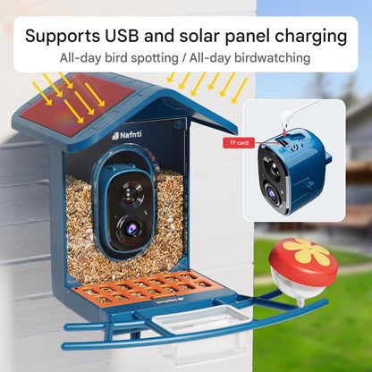 Hranitoare inteligenta pentru pasari cu camera, identificarea pasarilor, 2,4 GHz/5 GHz, alimentata cu energie solara, notificari instantanee, camera cu vizualizare live 2K pentru hranirea pasarilor