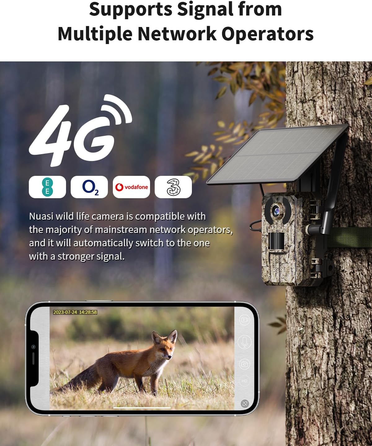 Camera de vanatoare 4G cu panou solar, senzor de miscare, nightvision, camera cu unghi de 170°, streaming live, impermeabila IP66, control prin aplicatie, cartela SIM si card 32Gb incluse, maro