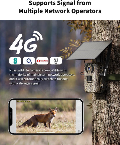 Camera de vanatoare 4G cu panou solar, senzor de miscare, nightvision, camera cu unghi de 170°, streaming live, impermeabila IP66, control prin aplicatie, cartela SIM si card 32Gb incluse, maro