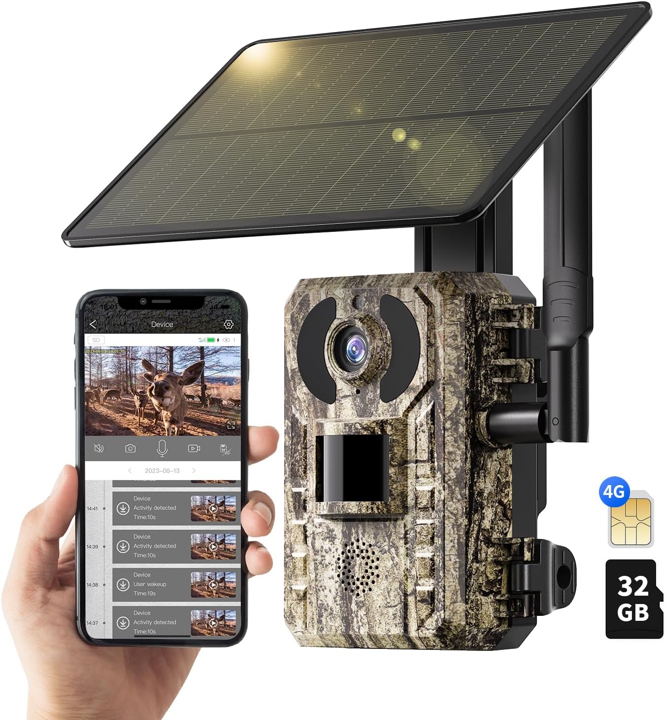 Camera de vanatoare 4G cu panou solar, senzor de miscare, nightvision, camera cu unghi de 170°, streaming live, impermeabila IP66, control prin aplicatie, cartela SIM si card 32Gb incluse, maro