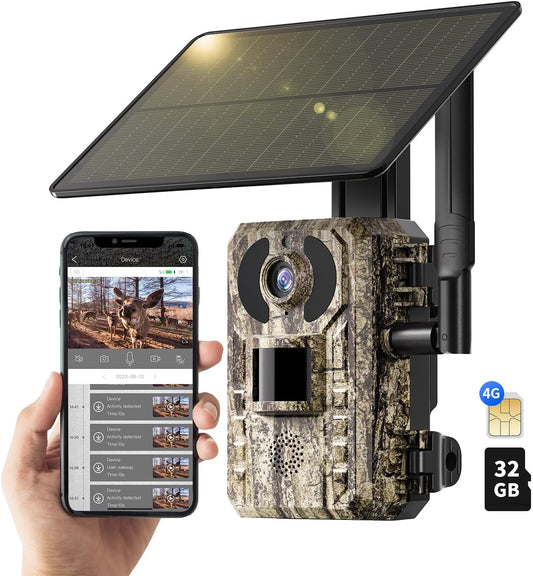 Camera de vanatoare 4G cu panou solar, senzor de miscare, nightvision, camera cu unghi de 170°, streaming live, impermeabila IP66, control prin aplicatie, cartela SIM si card 32Gb incluse, maro