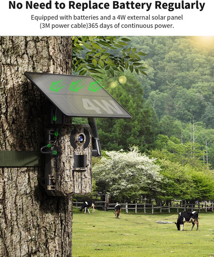 Camera de vanatoare 4G cu panou solar, senzor de miscare, nightvision, camera cu unghi de 170°, streaming live, impermeabila IP66, control prin aplicatie, cartela SIM si card 32Gb incluse, maro