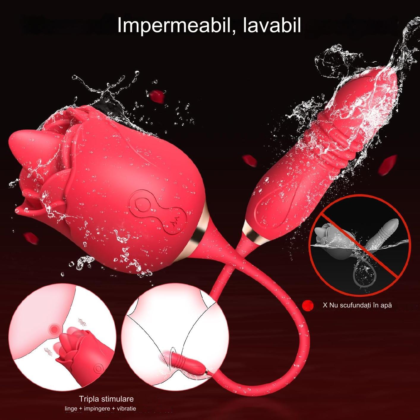 Vibrator femei cu stimulare clitoris sau mameloane, 10 moduri lins si vibratii, 2 moduri suctiune, impermeabil, rosu