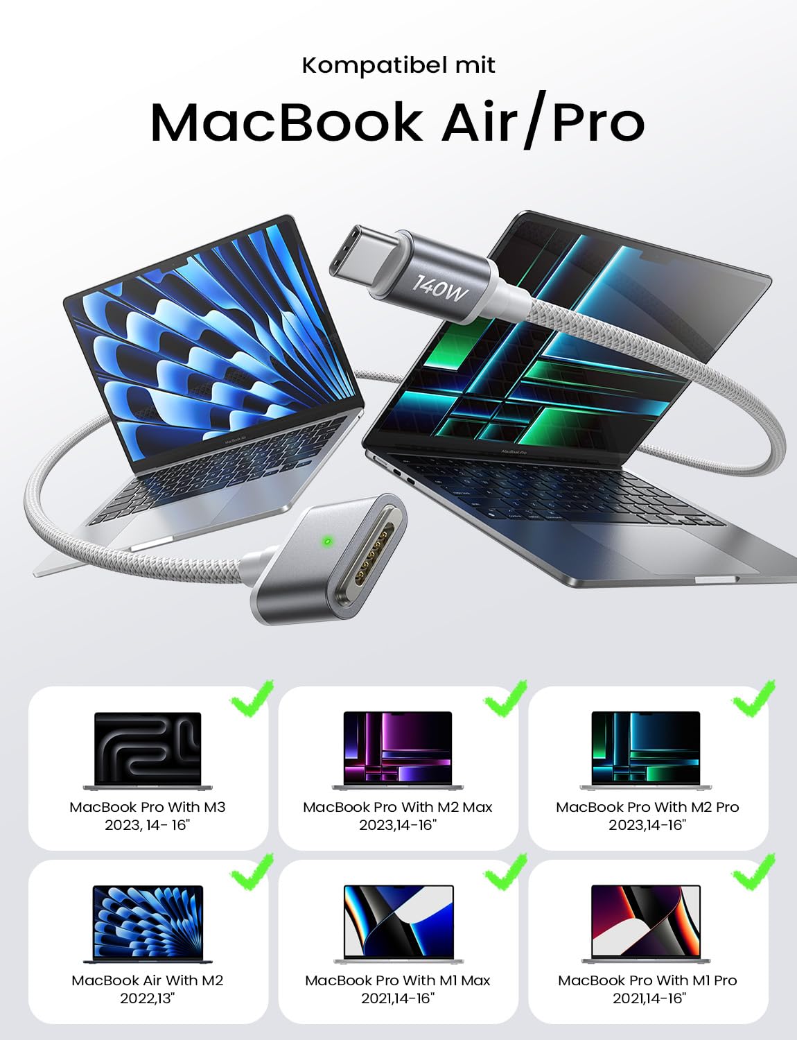 Cablu de incarcare USB-C la Magsafe 3 pentru alimentare MacBook Air M2 M3 2023/2022, MacBook Pro 13 2023 (M3, M2, 14-16 inch), de 2m, 140W PD, magnetic, cu indicator LED