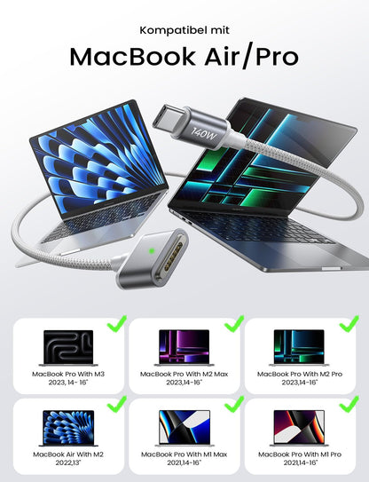 Cablu de incarcare USB-C la Magsafe 3 pentru alimentare MacBook Air M2 M3 2023/2022, MacBook Pro 13 2023 (M3, M2, 14-16 inch), de 2m, 140W PD, magnetic, cu indicator LED