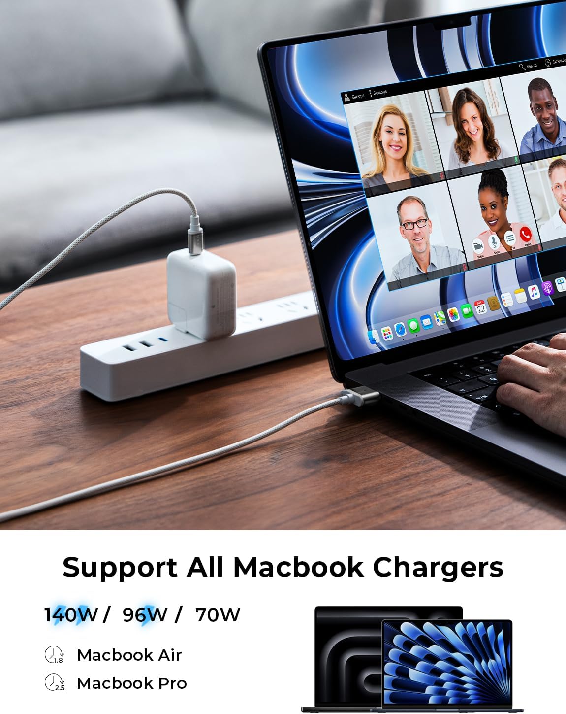 Cablu de incarcare USB-C la Magsafe 3 pentru alimentare MacBook Air M2 M3 2023/2022, MacBook Pro 13 2023 (M3, M2, 14-16 inch), de 2m, 140W PD, magnetic, cu indicator LED