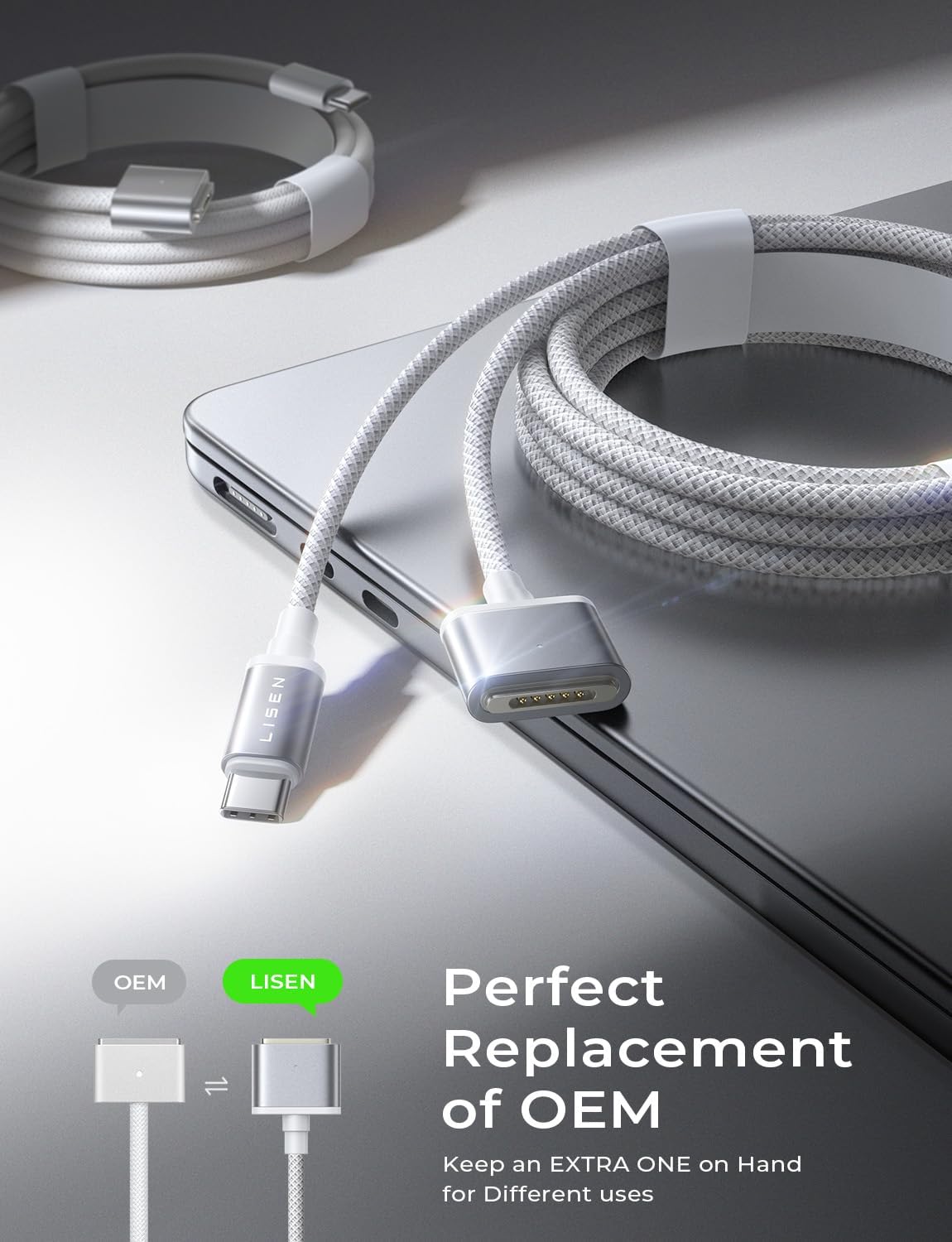 Cablu de incarcare USB-C la Magsafe 3 pentru alimentare MacBook Air M2 M3 2023/2022, MacBook Pro 13 2023 (M3, M2, 14-16 inch), de 2m, 140W PD, magnetic, cu indicator LED