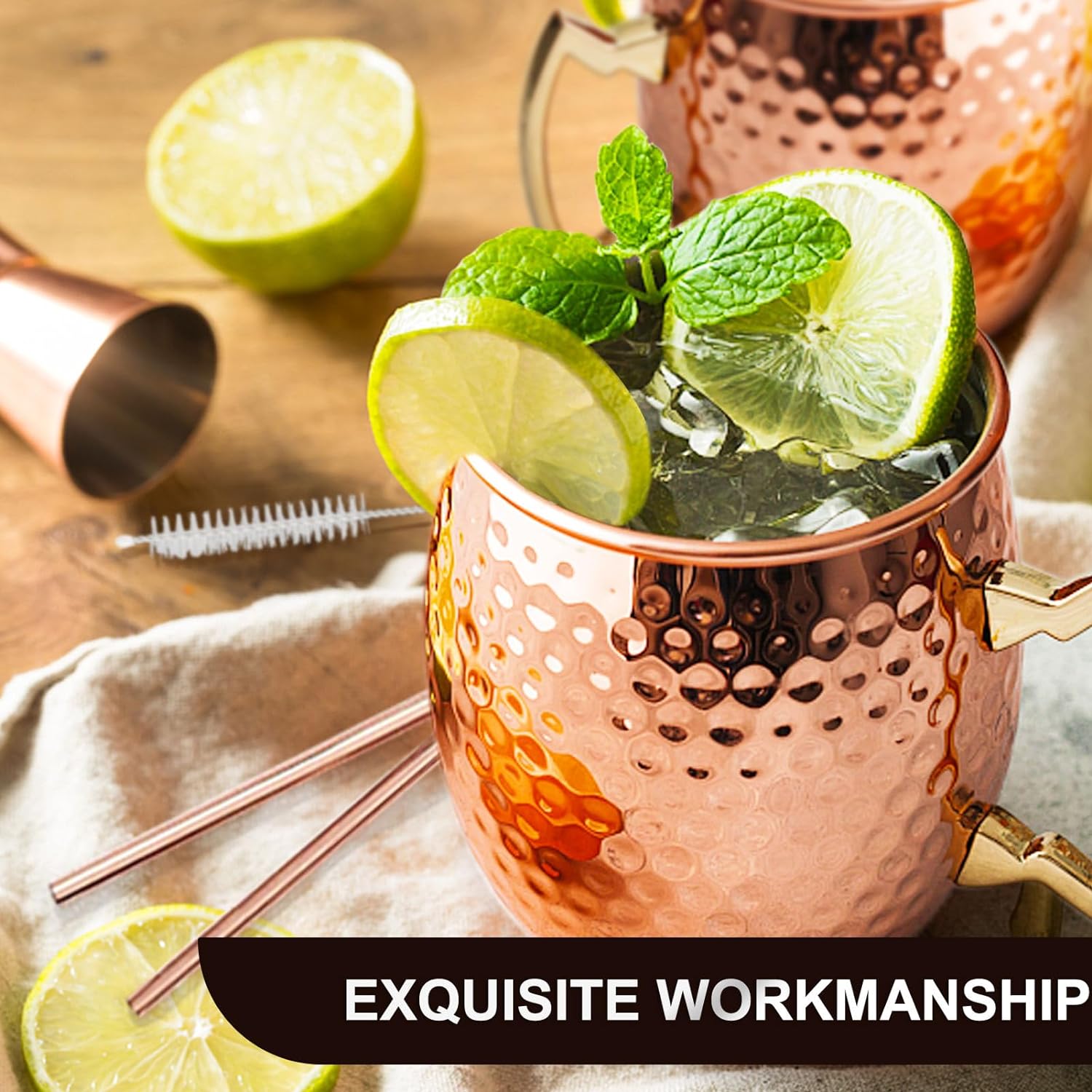 Set 4 cani Moscow Mule 530 ml, cu paie metalice, perie de curatare, cupa de masurare, coaster, pentru cocktail, bautura rece, acasa, bar, petrecere
