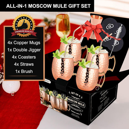 Set 4 cani Moscow Mule 530 ml, cu paie metalice, perie de curatare, cupa de masurare, coaster, pentru cocktail, bautura rece, acasa, bar, petrecere