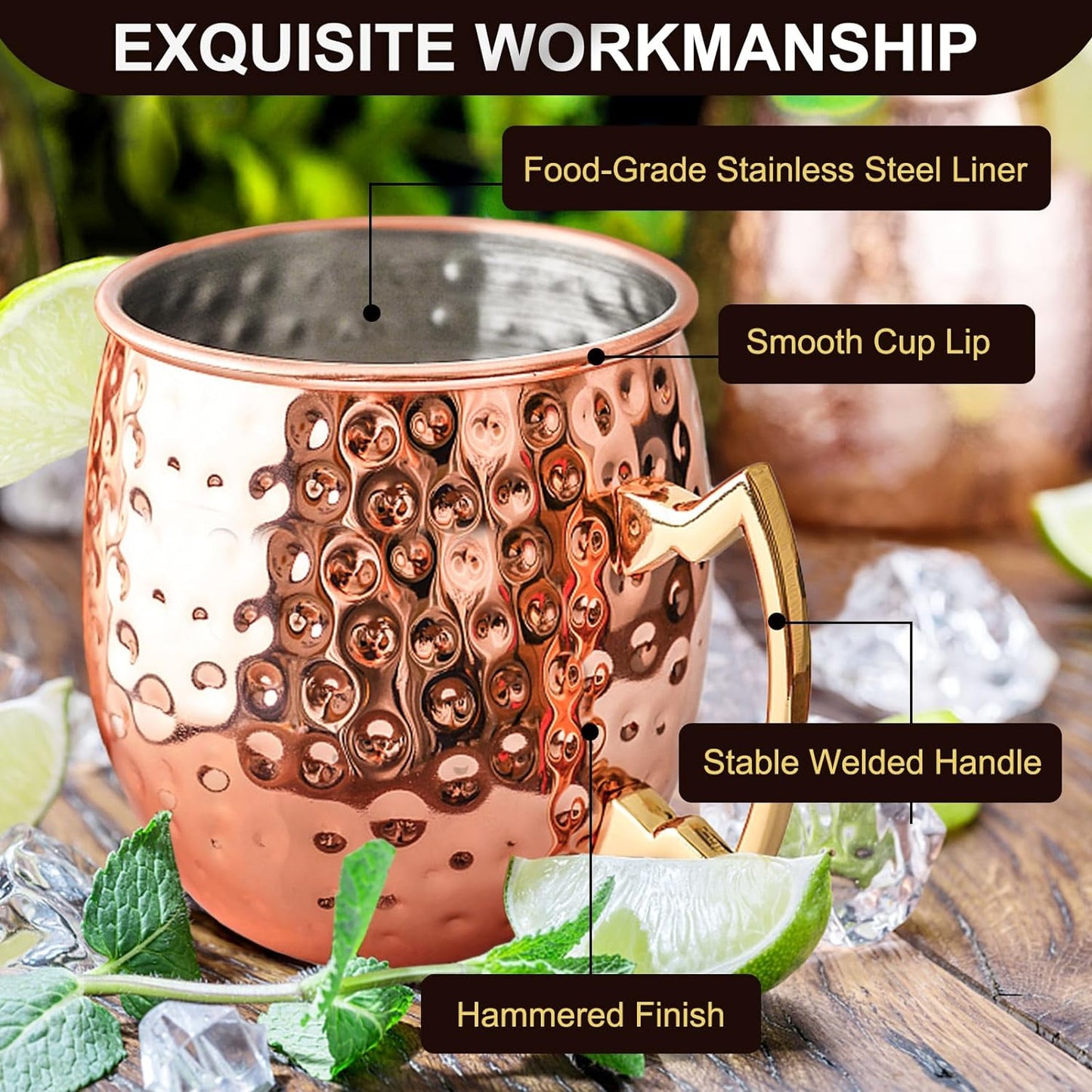 Set 4 cani Moscow Mule 530 ml, cu paie metalice, perie de curatare, cupa de masurare, coaster, pentru cocktail, bautura rece, acasa, bar, petrecere