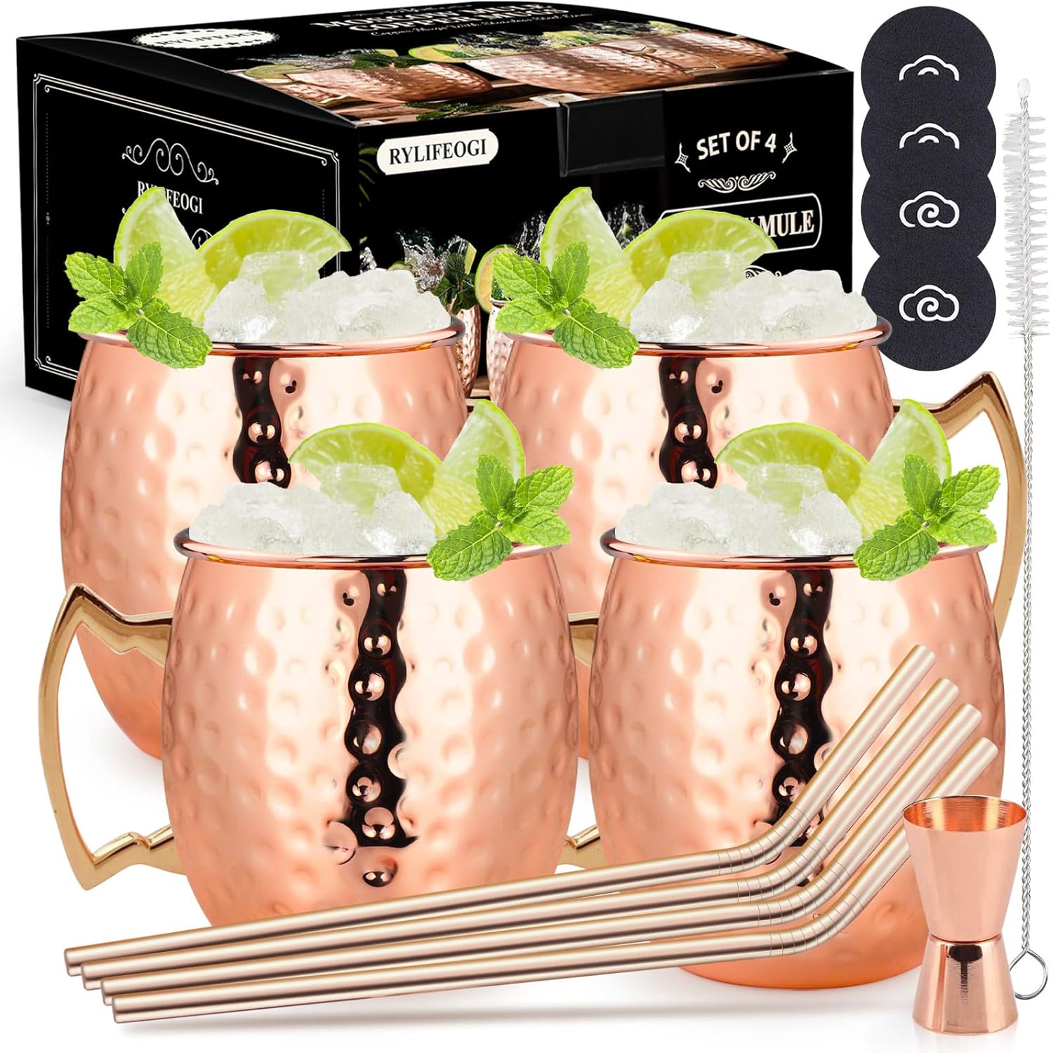Set 4 cani Moscow Mule 530 ml, cu paie metalice, perie de curatare, cupa de masurare, coaster, pentru cocktail, bautura rece, acasa, bar, petrecere