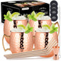 Set 4 cani Moscow Mule 530 ml, cu paie metalice, perie de curatare, cupa de masurare, coaster, pentru cocktail, bautura rece, acasa, bar, petrecere