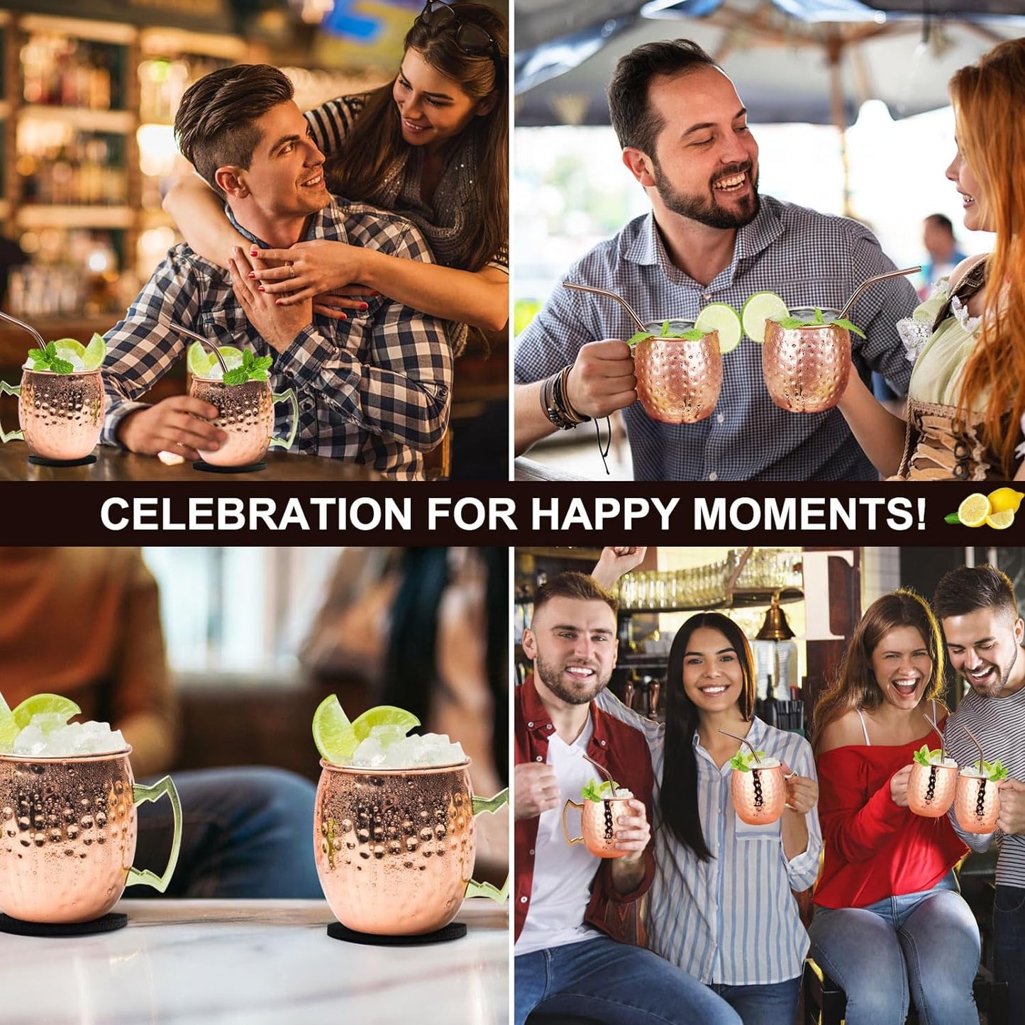 Set 4 cani Moscow Mule 530 ml, cu paie metalice, perie de curatare, cupa de masurare, coaster, pentru cocktail, bautura rece, acasa, bar, petrecere