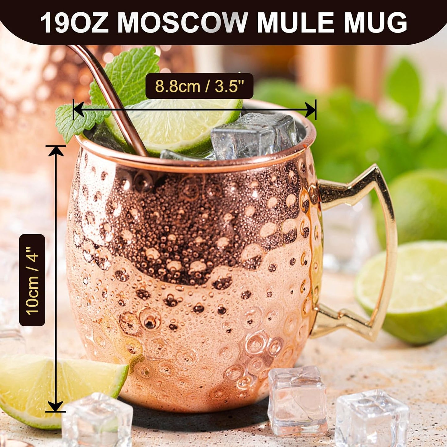Set 4 cani Moscow Mule 530 ml, cu paie metalice, perie de curatare, cupa de masurare, coaster, pentru cocktail, bautura rece, acasa, bar, petrecere