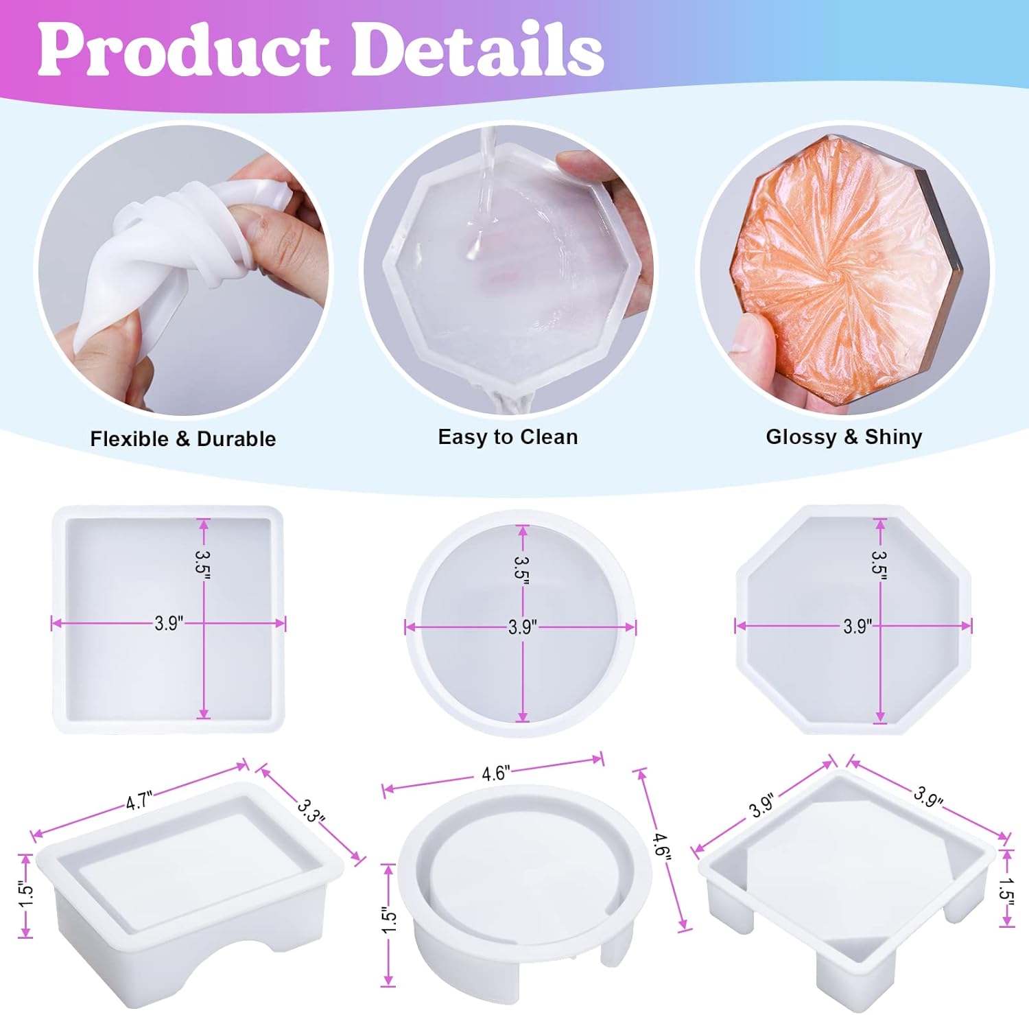 Set matrite pentru coaster, din silicon, kit pentru suport pahare de rasina epoxidica, 15 piese, rotund, octagonal si patrat