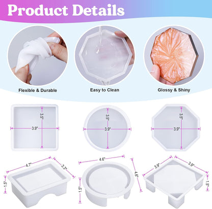Set matrite pentru coaster, din silicon, kit pentru suport pahare de rasina epoxidica, 15 piese, rotund, octagonal si patrat