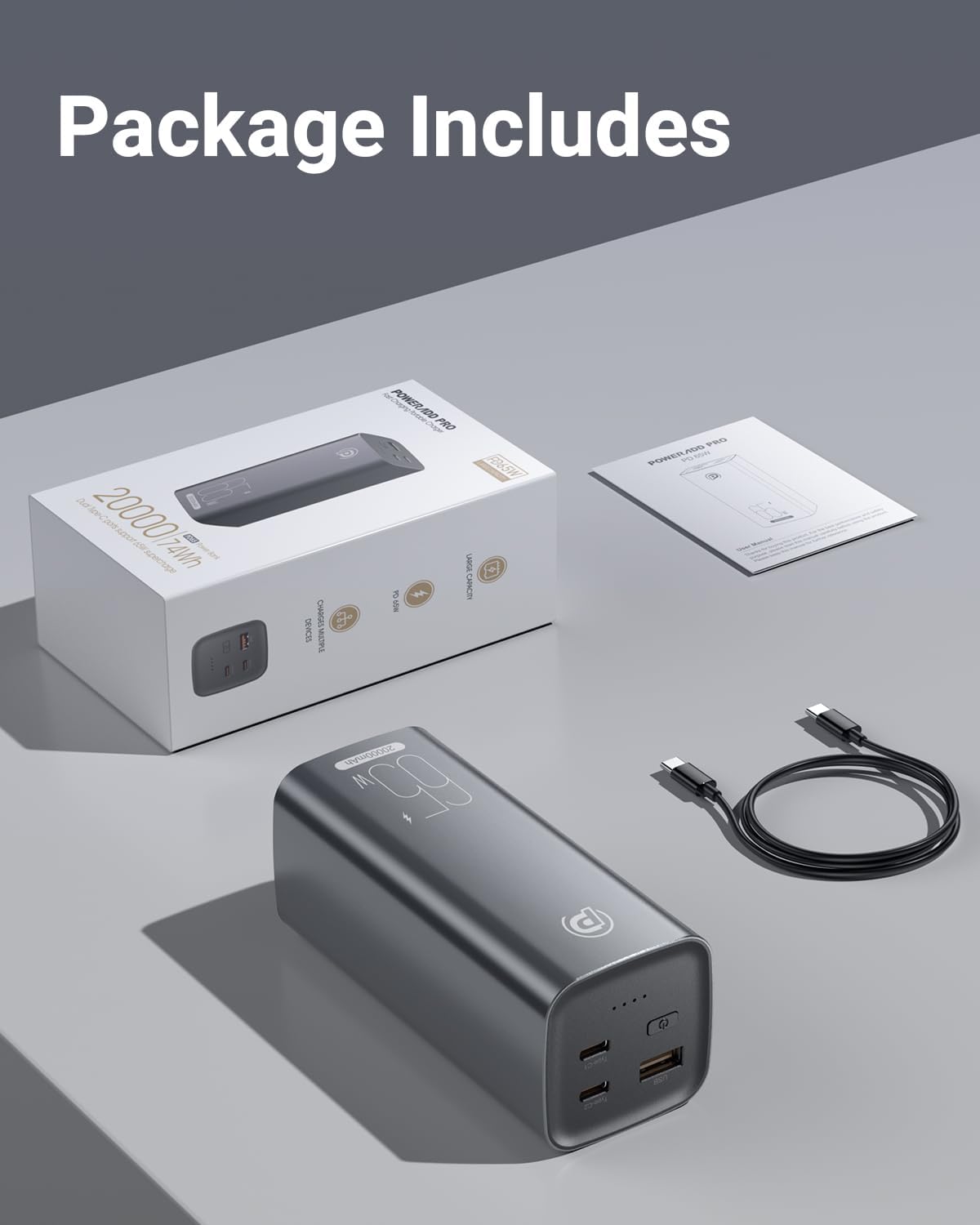 Baterie externa, powerbank 20000 mAh cu incarcare rapida PD 65W, 2 porturi USB-C si 1 port USB-A, pentru laptop, tableta, iPhone, Samsung