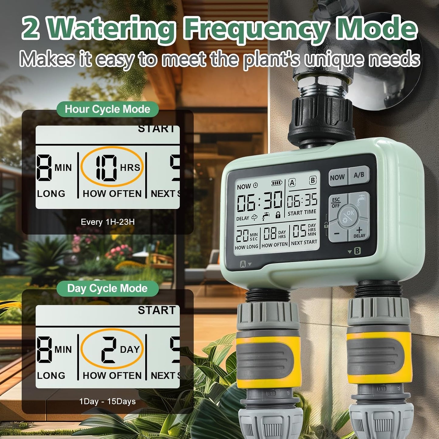 Programator de stropire cu 2 iesiri, Display LCD, automat/manual, 2 zone de irigare, intarziere la polaie, indicator baterie, blocare taste, pentru gradina, gazon, plante