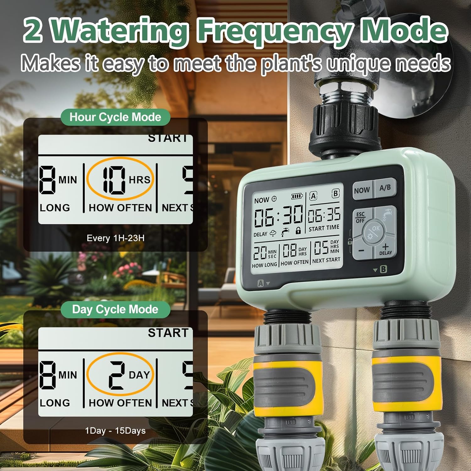 Programator de stropire cu 2 iesiri, Display LCD, automat/manual, 2 zone de irigare, intarziere la polaie, indicator baterie, blocare taste, pentru gradina, gazon, plante