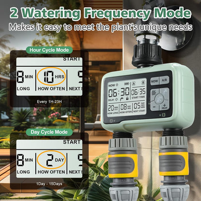 Programator de stropire cu 2 iesiri, Display LCD, automat/manual, 2 zone de irigare, intarziere la polaie, indicator baterie, blocare taste, pentru gradina, gazon, plante
