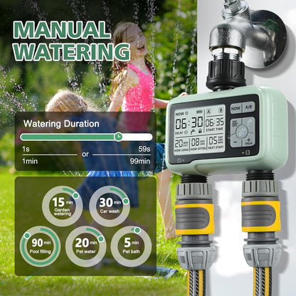 Programator de stropire cu 2 iesiri, Display LCD, automat/manual, 2 zone de irigare, intarziere la polaie, indicator baterie, blocare taste, pentru gradina, gazon, plante