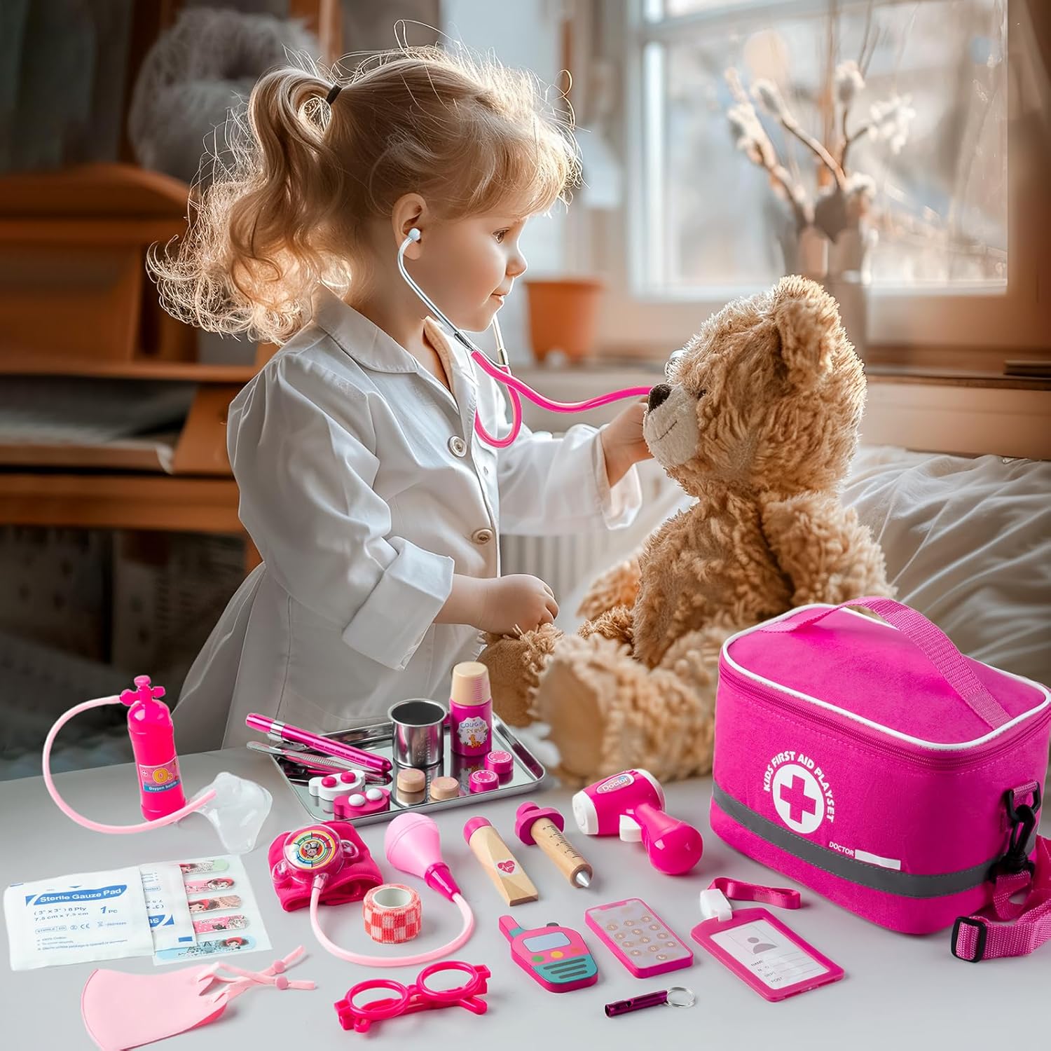 Joc de rol, set trusa de doctor pentru copii cu stetoscop functional, halat, termometru, ochelari, masca, tensiometru si accesorii, roz