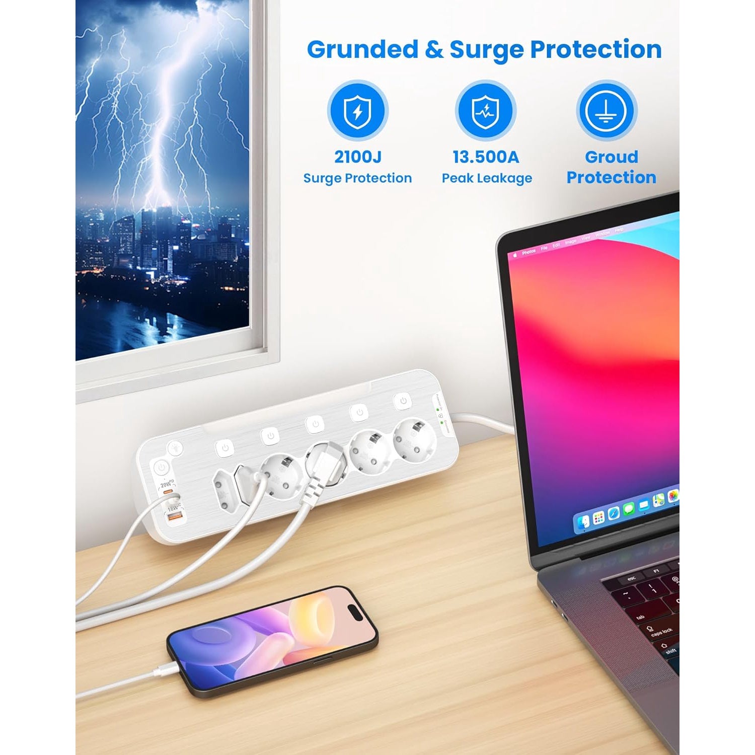 Prelungitor pentru perete/colt, cu 6 prize cu intrerupator individual, 2 porturi USB-C PD 20W, 1 port USB-A 18W QC, lumina de noapte, cu prindere pentru birou, cablu de 2 m, protectie la supratensiune, alb