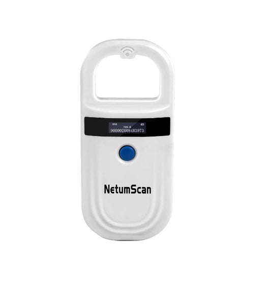 Cititor cipuri animale, scanner pentru caini, pisici si crotalii ureche, bluetooth, wi-fi, display OLED, memorie incorporata EMID si FDX-B, cu tecnologie RFID, pentru managementul animalelor de companie si gestionarea fermei, alb