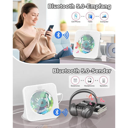 CD Player portabil premium Greadio cu Bluetooth 5.0 bidirectional, difuzoare HiFi stereo, telecomanda, display LED, radio FM, suport CD/MP3/USB/AUX, jack casti, design elegant anti-praf, functie sleep timer, alb