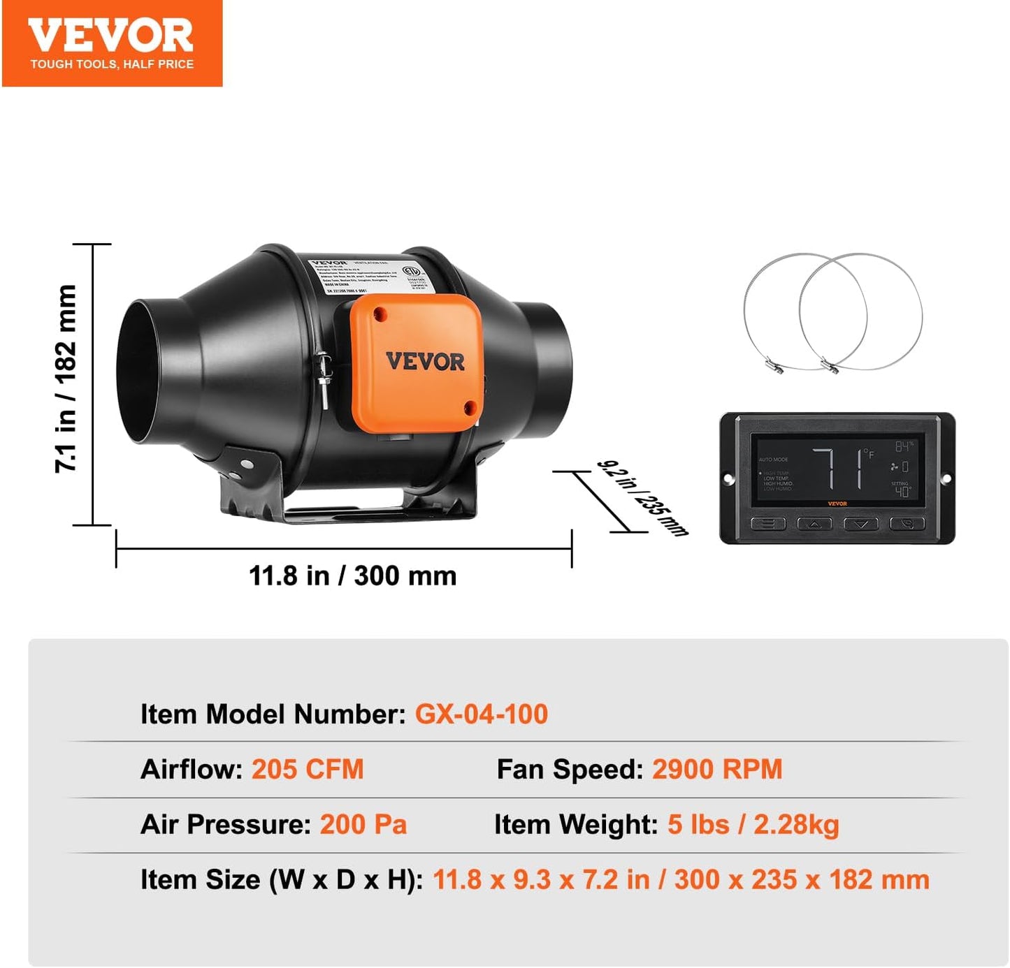 Ventilator de tubulatura pentru evacuare aer, cu controler de temperatura si umiditate, 205 CFM, 21 W, motor EC, 220m³/h, pentru racire, corturi de crestere, hidroponie, Vevor