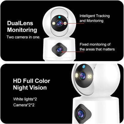 Camera de supraveghere WiFi cu lentila dubla, 2K HD, nightvision color, rotire 350º, detectare miscare, comunicare bidirectionala, accepta card pana la 256 GB