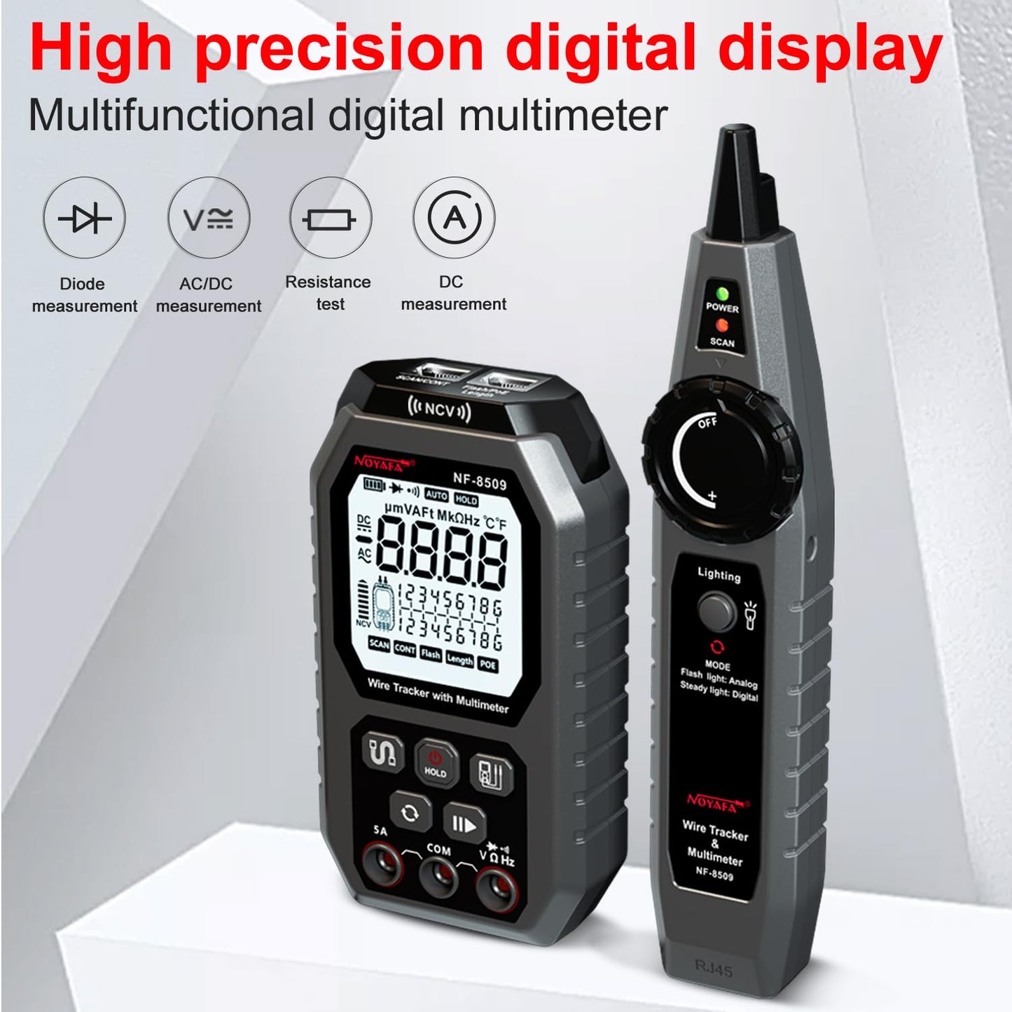 Tester cablu de retea si multimetru 2 in 1, cu PoE si NCV, Port Flash, test de lungime TDR, masurare tensiune AC/DC, curent AC/DC, rezistenta, continuitate, dioda, cu incarcare USB-C si display LCD