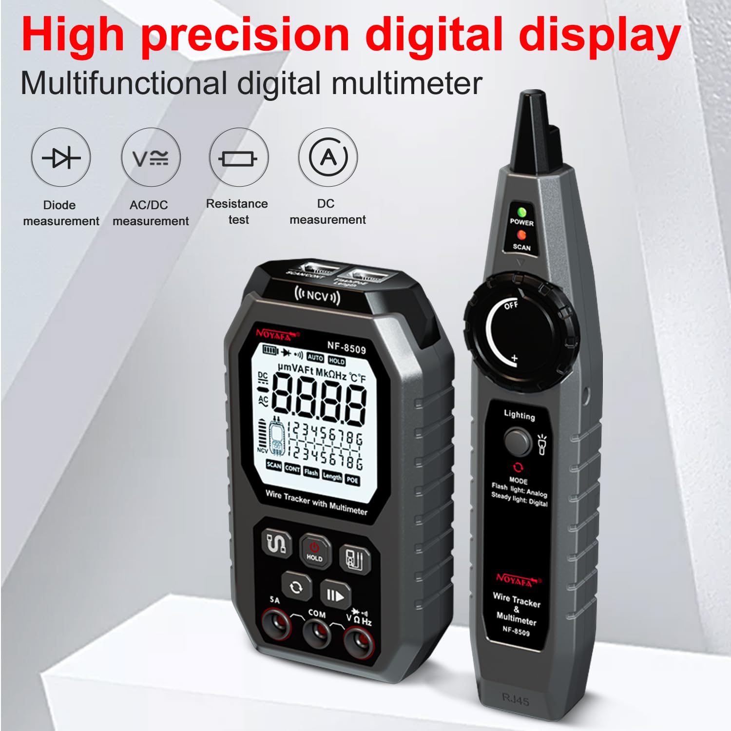 Tester cablu de retea si multimetru 2 in 1, cu PoE si NCV, Port Flash, test de lungime TDR, masurare tensiune AC/DC, curent AC/DC, rezistenta, continuitate, dioda, cu incarcare USB-C si display LCD