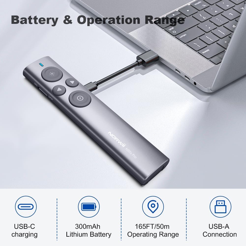 Presenter wireless, laser de prezentare cu functie Air Mouse, evidentiere si amplificare, raza de actiune 50 m, prezentare pe ecrane LED/LCD si de videoproiector, pentru Windows si macOS