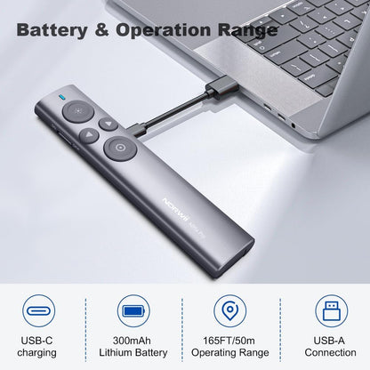 Presenter wireless, laser de prezentare cu functie Air Mouse, evidentiere si amplificare, raza de actiune 50 m, prezentare pe ecrane LED/LCD si de videoproiector, pentru Windows si macOS