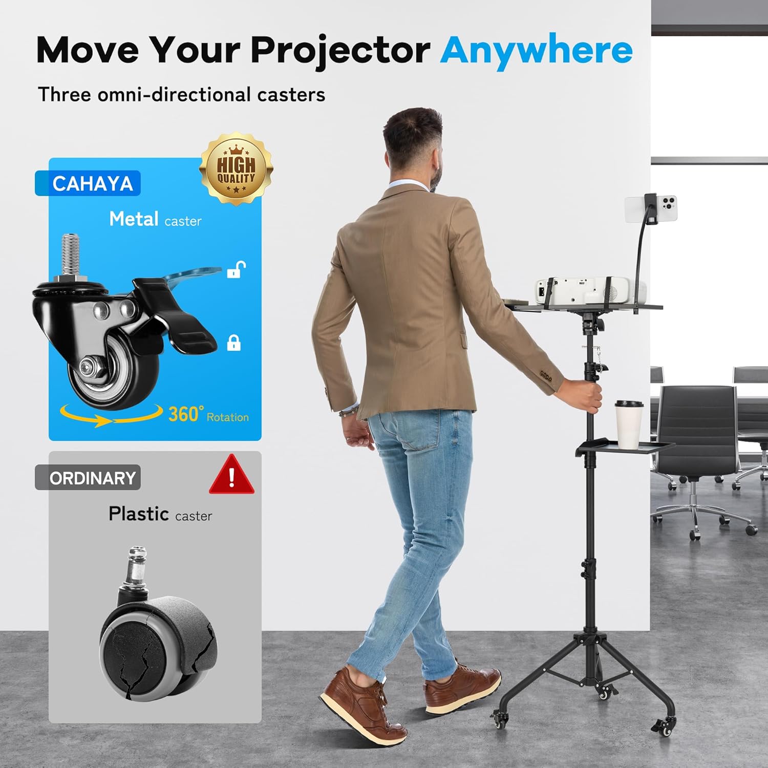 Suport mobil pentru videoproiector/laptop, stand cu inaltime reglabila 71-137 cm, cu rotile, pin de blocare, suport smartphone, capacitate 14 kg, din metal, unghi reglabil 180°, pentru proiector, tableta, mixer, laptop, partitura, negru