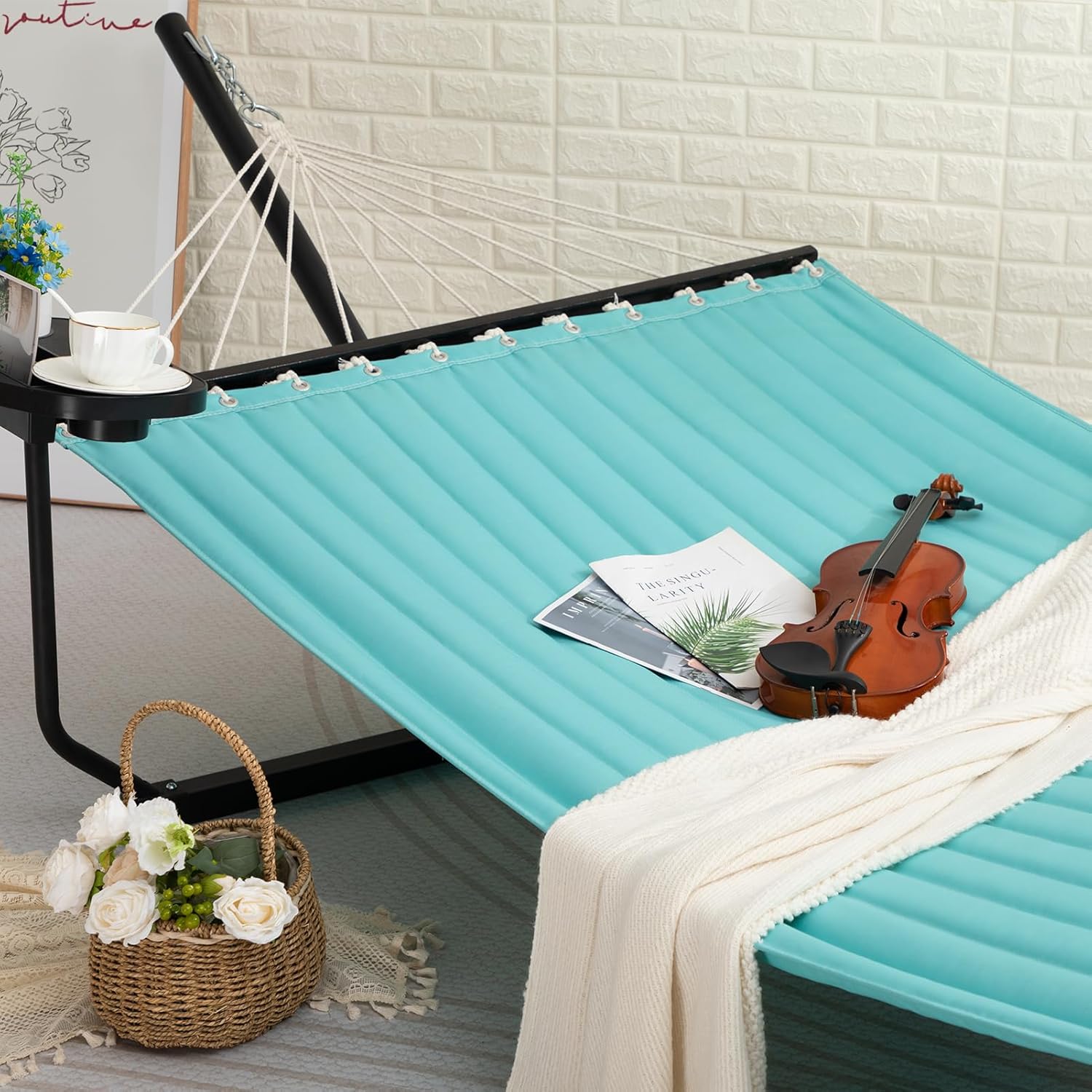 Hamac cu suport metalic, cadru din otel, din bumbac, 350 x 120x 74 cm, ajustabil, cu tavita si perna, greutate suportata 136 kg, usor de asamblat, pentru adulti si copii