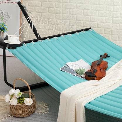 Hamac cu suport metalic, cadru din otel, din bumbac, 350 x 120x 74 cm, ajustabil, cu tavita si perna, greutate suportata 136 kg, usor de asamblat, pentru adulti si copii