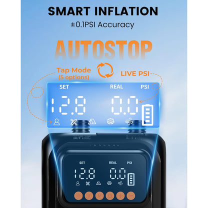 Pompa electrica portabila SUP Aurethryon, baterie 13500 mAh, presiune maxima 20 PSI, oprire automata, afisaj LED, lanterna integrata, alimentare 12V si USB-C, 7 duze incluse, negru