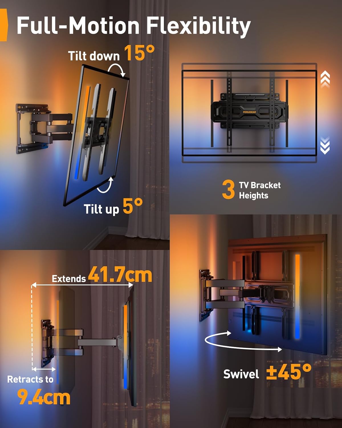 Suport TV de perete, universal, LED cu Sincronizare Muzicala, brat reglabil, diagonala de 26-65 inch, suporta greutate pana la 45 kg, VESA 400 x 400 mm