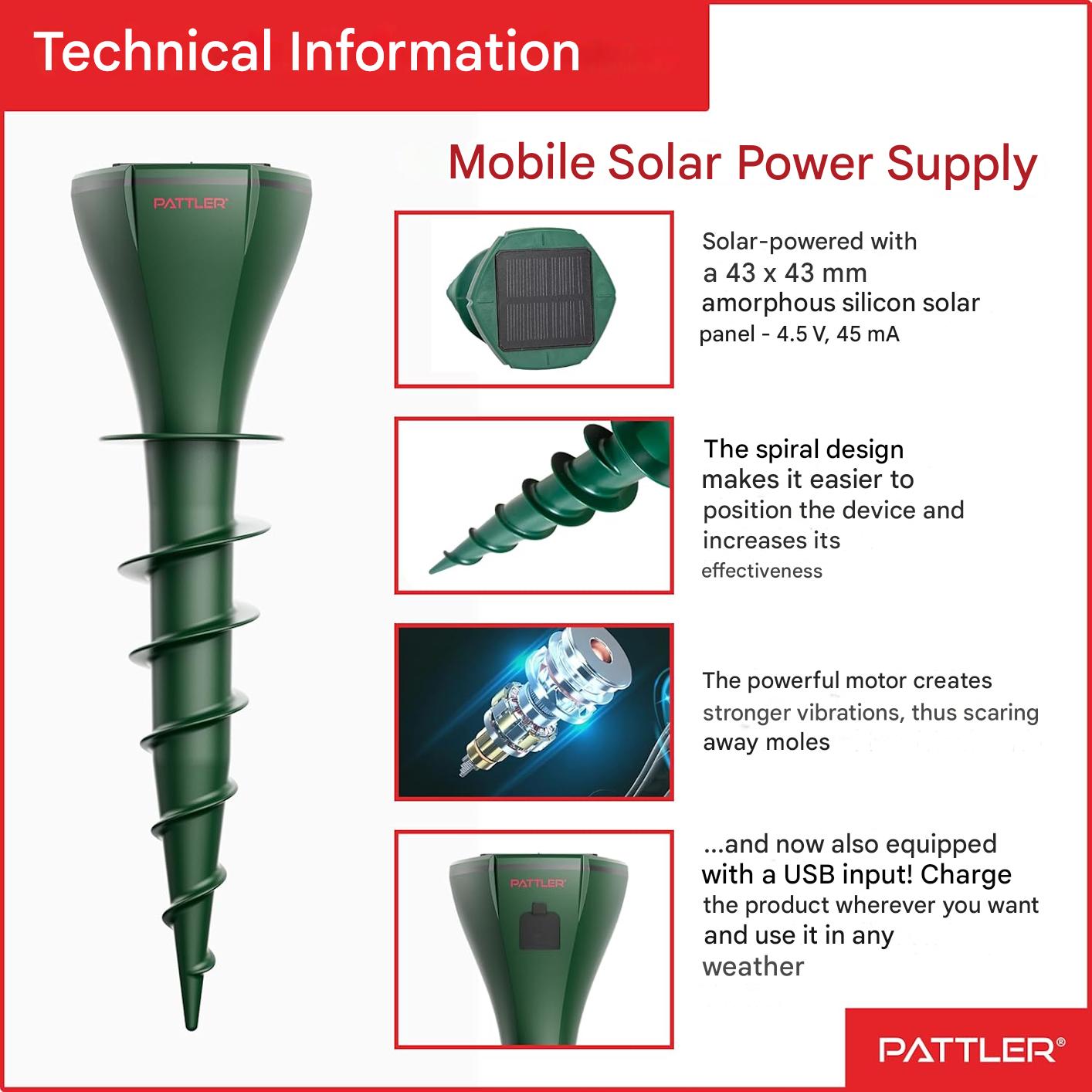 Set 4 dispozitive solare anti-cartite PATTLER, cu ultrasunete pentru gradina pana la 800 m², frecventa variabila, panou solar cu baterie reincarcabila si incarcare USB, instalare in sol tip surub, sigur pentru animale de companie