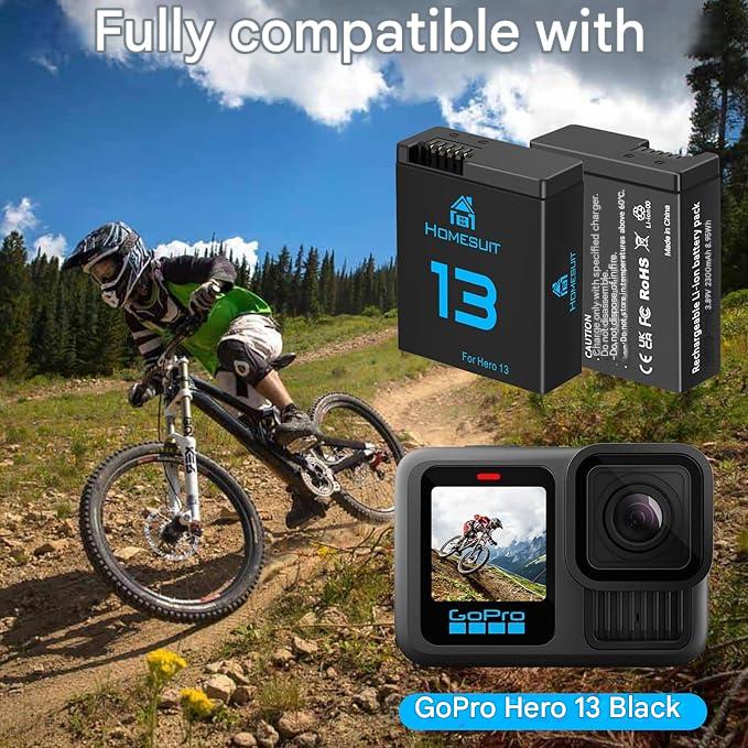 Set 3 acumulatori Homesuit AHDBT-901 pentru GoPro Hero 13 Black Enduro, 2300 mAh si incarcator cu 3 canale, cu afisaj LCD, capac, cablu USB Type-C