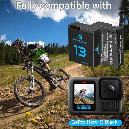 Set 3 acumulatori Homesuit AHDBT-901 pentru GoPro Hero 13 Black Enduro, 2300 mAh si incarcator cu 3 canale, cu afisaj LCD, capac, cablu USB Type-C